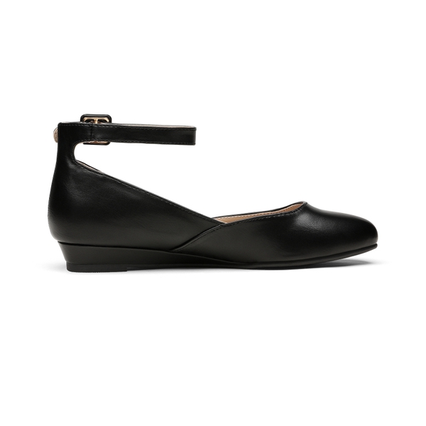 Comfortable Ankle Strap Low Wedge Flats - BLACK PU - 3